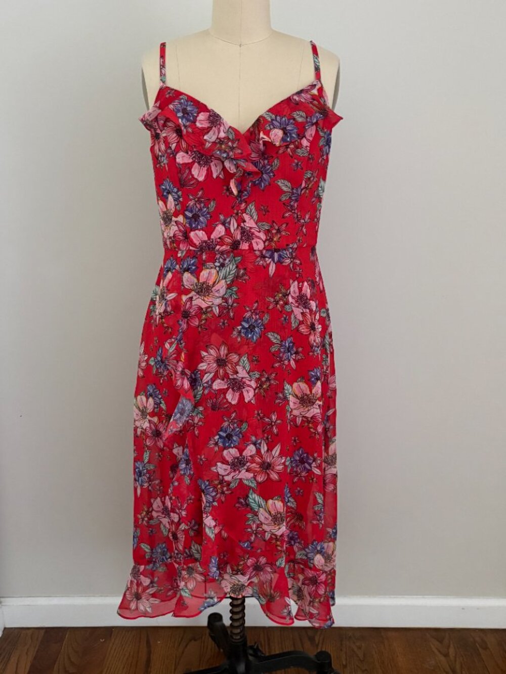 Kensie Red Floral Chiffon Midi Dress Ruffle Sweetheart Cottagecore Romantic 6